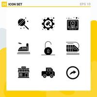 9 User Interface Solid Glyph Pack of modern Signs and Symbols of train circular image unlocked transport Editable Vector Design Elements