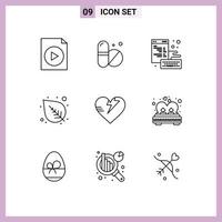 Group of 9 Modern Outlines Set for couple care development heart plant Editable Vector Design Elements