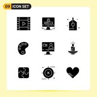 Universal Icon Symbols Group of 9 Modern Solid Glyphs of computer search celebration job education Editable Vector Design Elements
