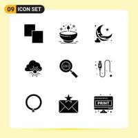 Pack of 9 creative Solid Glyphs of magnifier code moon sun nature Editable Vector Design Elements