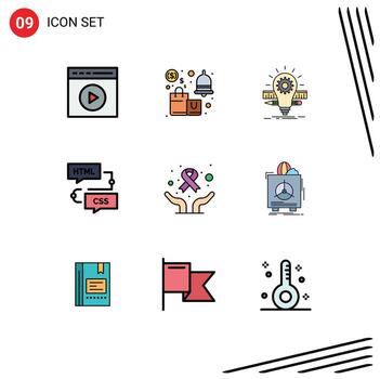 paquete de línea de vector editable de 9 colores planos de línea de relleno simple de desarrollo codificación bombilla de escala de ahorro elementos de diseño de vector editable