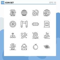 Editable Vector Line Pack of 16 Simple Outlines of movie worldwide coin payment global Editable Vector Design Elements