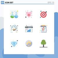 Mobile Interface Flat Color Set of 9 Pictograms of data evaluation business research target business report shop Editable Vector Design Elements