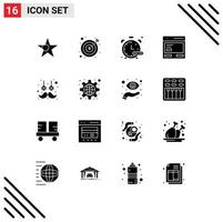 16 Universal Solid Glyphs Set for Web and Mobile Applications facial hair interface timer communication action Editable Vector Design Elements