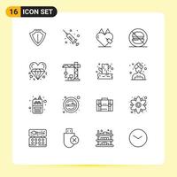 Mobile Interface Outline Set of 16 Pictograms of heart no e label fast Editable Vector Design Elements