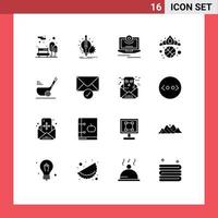 Set of 16 Vector Solid Glyphs on Grid for winner diadem lightbulb crown monitor Editable Vector Design Elements