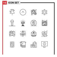 Set of 16 Vector Outlines on Grid for technology microphone gear electronics setting Editable Vector Design Elements