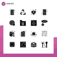 User Interface Pack of 16 Basic Solid Glyphs of globe turn off green switch romance Editable Vector Design Elements