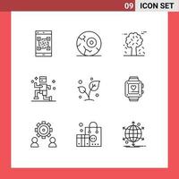 Mobile Interface Outline Set of 9 Pictograms of leaf jogging space exercise pine trees Editable Vector Design Elements