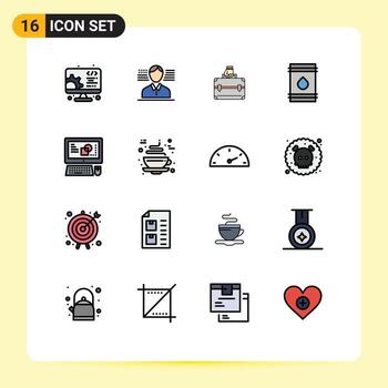 conjunto de pictogramas de 16 líneas llenas de colores planos simples de teclado maletín ecológico elementos de diseño de vectores creativos editables de aceite inflamable