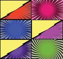 Comic book colorful frames background with halftone rays radial and dotted effects pop art style vector