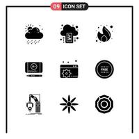 Mobile Interface Solid Glyph Set of 9 Pictograms of seo configure fire education best grade Editable Vector Design Elements