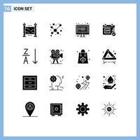 Set of 16 Commercial Solid Glyphs pack for video order online alphabetical security Editable Vector Design Elements