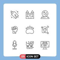 Pack of 9 Modern Outlines Signs and Symbols for Web Print Media such as clutches mind halloween head knowledge Editable Vector Design Elements