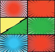 Comic book colorful frames background with halftone rays radial and dotted effects pop art style vector