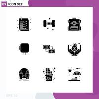 Mobile Interface Solid Glyph Set of 9 Pictograms of dollar exchange backbag transformer energy Editable Vector Design Elements