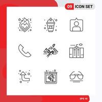 Stock Vector Icon Pack of 9 Line Signs and Symbols for landscape rocks contac mobile phone Editable Vector Design Elements