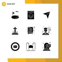 Group of 9 Solid Glyphs Signs and Symbols for day book pin easter christian Editable Vector Design Elements