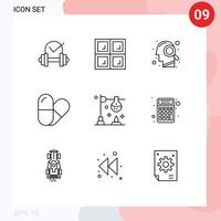 Group of 9 Outlines Signs and Symbols for calculator experiment magnifying glass chemistry table Editable Vector Design Elements