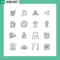 Group of 16 Modern Outlines Set for celebrate alcoholparty camp sharing share Editable Vector Design Elements