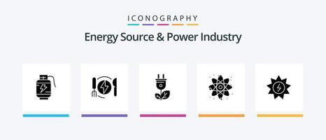 fuente de energía y paquete de iconos de glifo 5 de la industria de energía que incluye energía solar. laboratorio. biomasa poder. átomo. diseño de iconos creativos vector