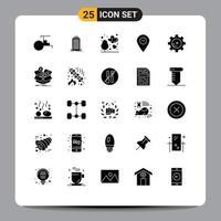 Mobile Interface Solid Glyph Set of 25 Pictograms of gear marker love map minimize Editable Vector Design Elements