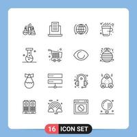 Modern Set of 16 Outlines Pictograph of laboratory chemical globe hot cup Editable Vector Design Elements