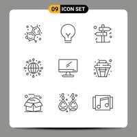 Pack of 9 creative Outlines of pc device decision monitor world Editable Vector Design Elements