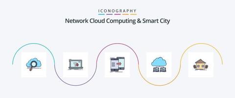 Network Cloud Computing And Smart City Line Filled Flat 5 Icon Pack Including network. syncing. internet. synchronization. sharing vector