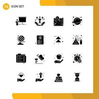 Pack of 16 Modern Solid Glyphs Signs and Symbols for Web Print Media such as space rotation support search travel Editable Vector Design Elements