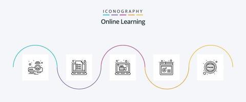 paquete de iconos de línea 5 de aprendizaje en línea que incluye insignia. resultado. notas computadora. lección vector