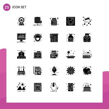 25 glifos sólidos universales establecidos para aplicaciones web y móviles fiesta cumpleaños flujo disco duro elementos de diseño vectorial editables vector