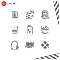 Editable Vector Line Pack of 9 Simple Outlines of battery laptop ecg device computer Editable Vector Design Elements