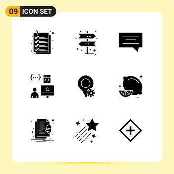 9 Thematic Vector Solid Glyphs and Editable Symbols of settings location chat programmer develop Editable Vector Design Elements