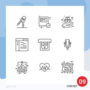 Universal Icon Symbols Group of 9 Modern Outlines of atm page box development code Editable Vector Design Elements