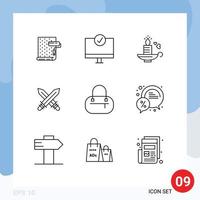 Pack of 9 Modern Outlines Signs and Symbols for Web Print Media such as weapon fencing gadget sword heart Editable Vector Design Elements
