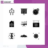 Pictogram Set of 9 Simple Solid Glyphs of forecast telescope clock sold house Editable Vector Design Elements