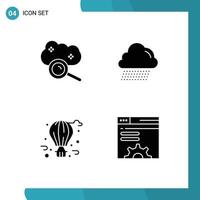 Set of 4 Vector Solid Glyphs on Grid for cloud computing balloon cloud search rain city life Editable Vector Design Elements