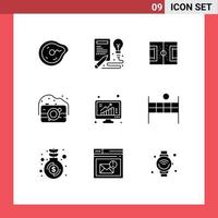 Group of 9 Modern Solid Glyphs Set for photography old process camera pitch Editable Vector Design Elements