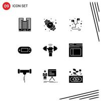 User Interface Pack of 9 Basic Solid Glyphs of power gain music dumbbell playstation Editable Vector Design Elements