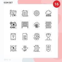 paquete de 16 signos y símbolos de contornos modernos para medios de impresión web, como elementos de diseño de vectores editables en la nube de almacenamiento de hojas de texto de tecnología de gráficos