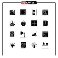 Group of 16 Solid Glyphs Signs and Symbols for search optimize two media filmstrip Editable Vector Design Elements