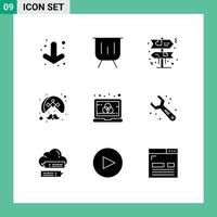 Set of 9 Vector Solid Glyphs on Grid for computer wearing board turban man Editable Vector Design Elements