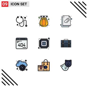 grupo de 9 colores planos de línea de relleno modernos establecidos para elementos de diseño de vector editables de error de sitio web de documento de chip de dispositivo