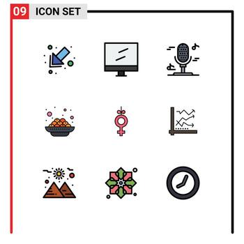 conjunto de colores planos de línea de relleno de interfaz móvil de 9 pictogramas de símbolo de música de cinta de análisis elementos de diseño vectorial editables vadas vector