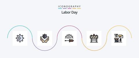 la línea del día del trabajo llenó el paquete de iconos planos 5 que incluye el rodillo. bloqueador destornillador. tráfico. signo vector