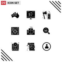 Set of 9 Commercial Solid Glyphs pack for computer target axe business wood Editable Vector Design Elements