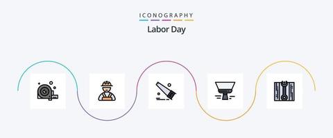 la línea del día del trabajo llenó el paquete de iconos planos 5 que incluye la reparación. llave inglesa. Vio. herramienta. pintura vector