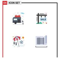 Set of 4 Commercial Flat Icons pack for camper umbrella board sign play Editable Vector Design Elements
