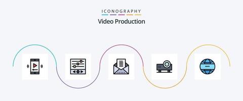 la línea de producción de video llenó el paquete de iconos planos 5 que incluye el proyector. multimedia. ondas sonoras. sobre de mensaje vector